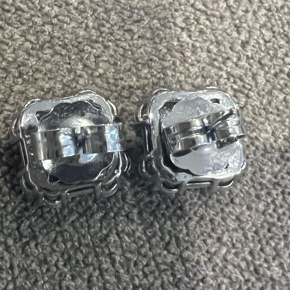 Square simulated, sapphire, and CZ diamond post earrings. - Picture 3 of 7
